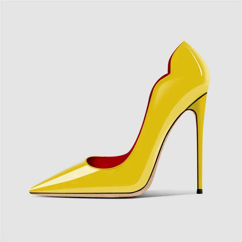 Yellow Curl Upper Women Patent Pointed Toe Stiletto 12cm High Heels Sexy Ladies Party Dress Shoes Club Dance Pumps Plus Size - KIMLUD