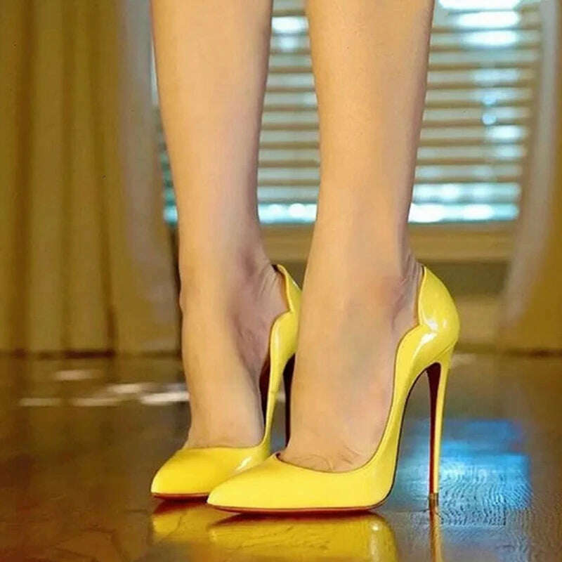 Yellow Curl Upper Women Patent Pointed Toe Stiletto 12cm High Heels Sexy Ladies Party Dress Shoes Club Dance Pumps Plus Size - KIMLUD