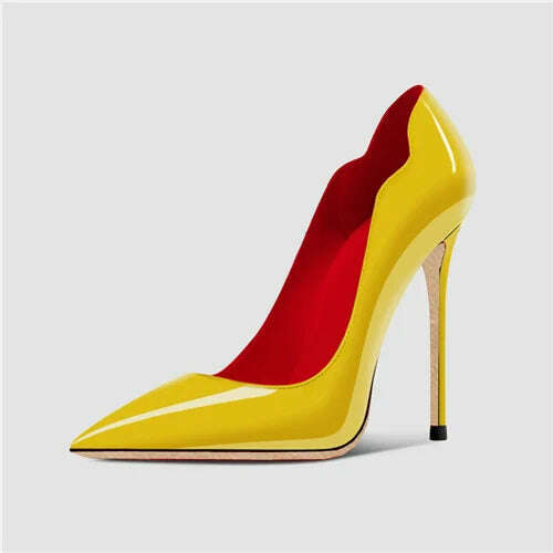 KIMLUD, Yellow Curl Upper Women Patent Pointed Toe Stiletto 12cm High Heels Sexy Ladies Party Dress Shoes Club Dance Pumps Plus Size, 12cm 2 / 4, KIMLUD APPAREL - Womens Clothes