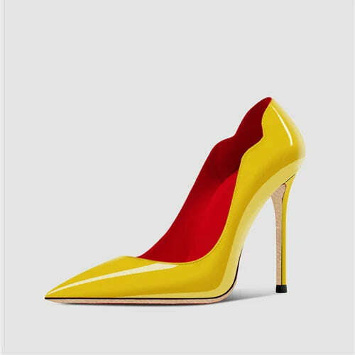 Yellow Curl Upper Women Patent Pointed Toe Stiletto 12cm High Heels Sexy Ladies Party Dress Shoes Club Dance Pumps Plus Size - KIMLUD