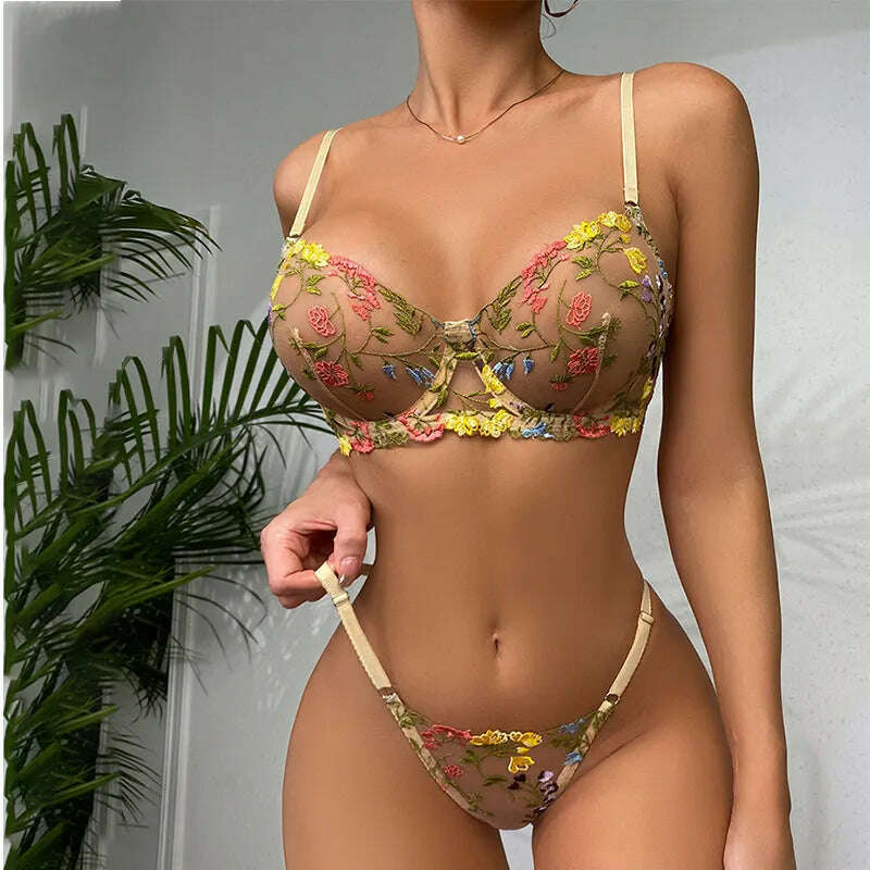 KIMLUD, Yimunancy 2-Piece Lace Bra Set Women Floral Embroidery Underwear Set Transparent Khaki Panty Set, KIMLUD Womens Clothes