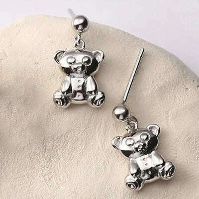 KIMLUD, YIZIZAI New Japanese Sweet and Cute Bear Earring for Women Simple Cartoon MINI Bear Studs Silver Plated Jewellry Friendship Gift, Silver, KIMLUD APPAREL - Womens Clothes