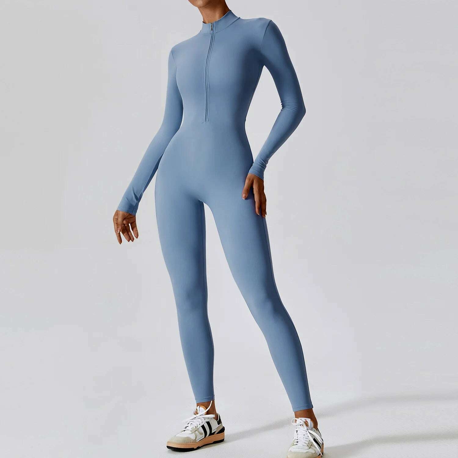 KIMLUD, Yoga Boilersuit Long Sleeved Women's Sportswear Gym Zipper Jumpsuits Workout High-intensity Fitness One-piece Skin-tight Garment, Haze Blue / S / CHINA, KIMLUD APPAREL - Womens Clothes