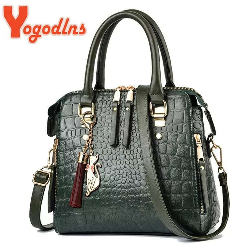 KIMLUD, Yogodlns Luxury Crocodile Pattern Handbag Women Winter New PU Leather Tassel Shoulder Bag Brands Design Handle Bag Lady Purse, KIMLUD Womens Clothes