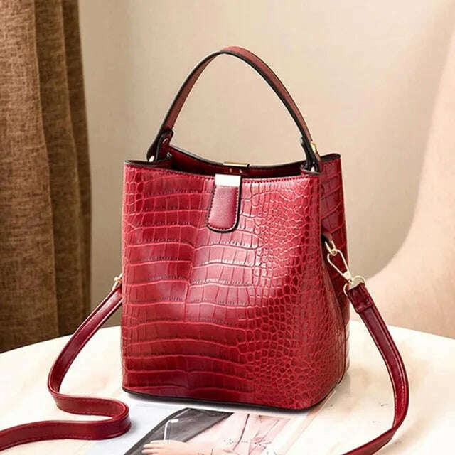 KIMLUD, Yogodlns Retro Alligator Bucket Bags Women Crocodile Handbag Large Capacity Crossbody Bag New Shoulder Messenger Bag Phone Purse, red / 20x14x22cm, KIMLUD APPAREL - Womens Clothes