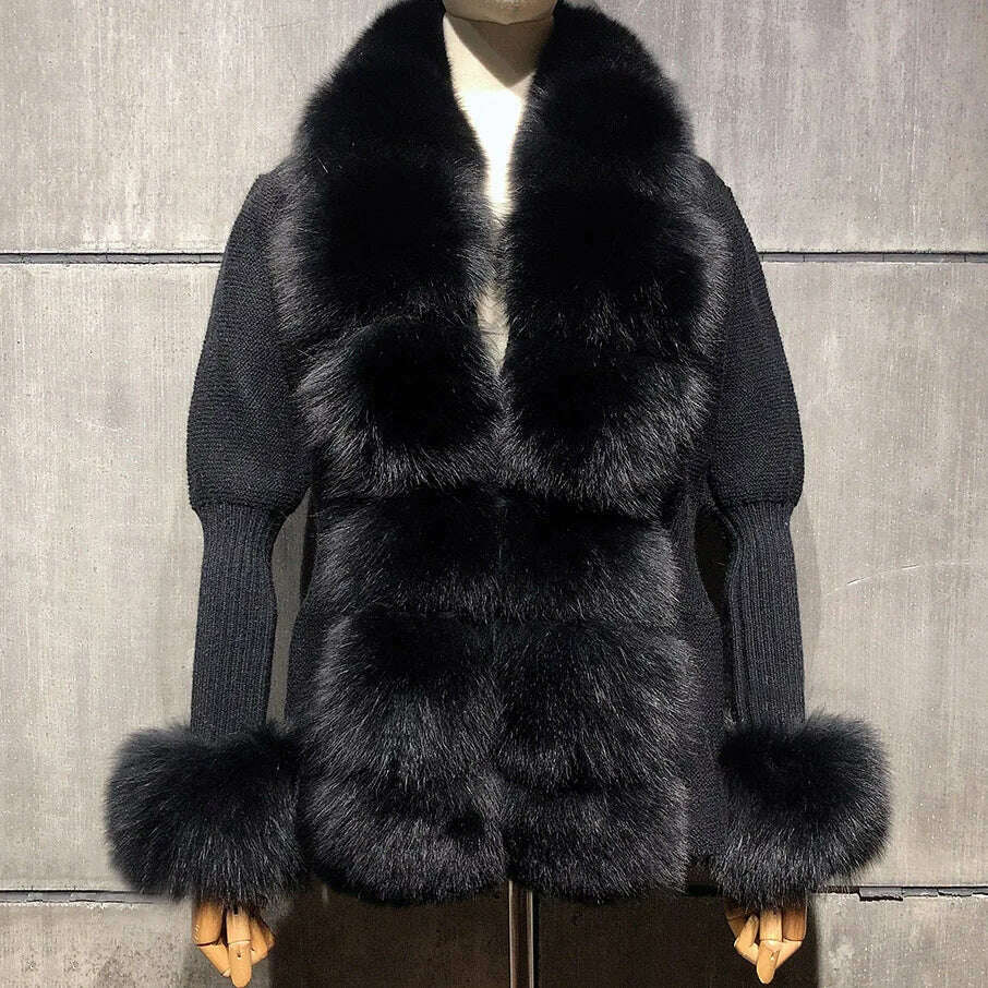 YOLOAgain Autumn Elegant Slim Black Sweater Real Fox Fur Cardigan Women Outerwear - KIMLUD