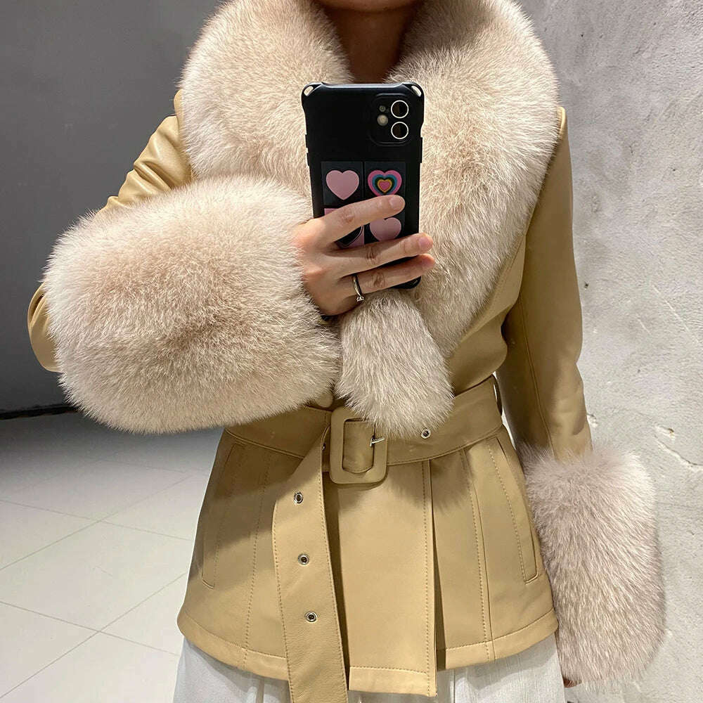 YOLOAgain Women's Real Fox Fur Collar Sheepskin Leather Jacket Coat Autumn 2024 - KIMLUD