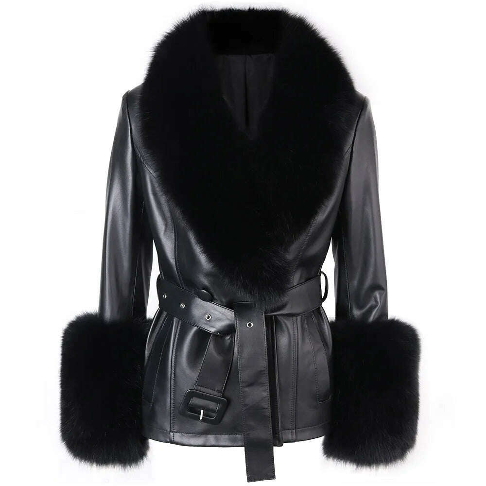 YOLOAgain Women's Real Fox Fur Collar Sheepskin Leather Jacket Coat Autumn 2024 - KIMLUD