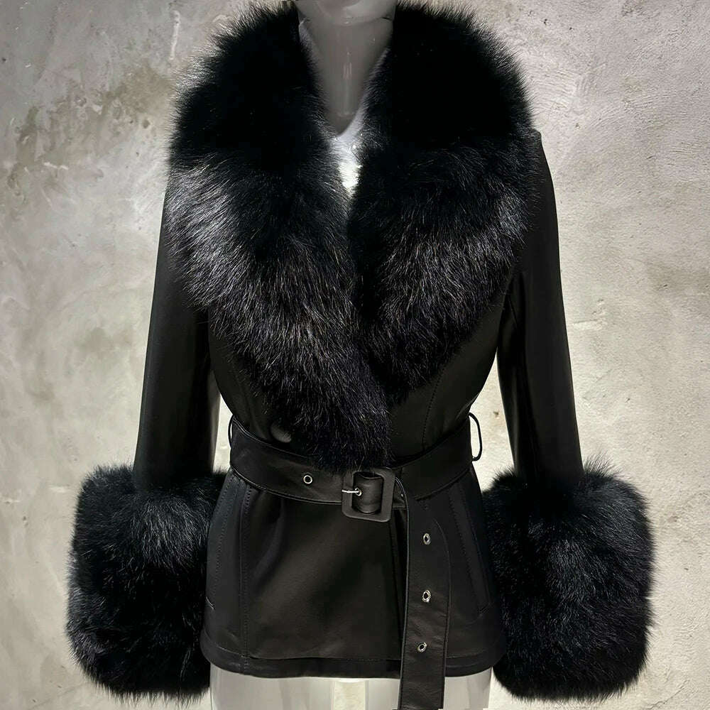 YOLOAgain Women's Real Fox Fur Collar Sheepskin Leather Jacket Coat Autumn 2024 - KIMLUD