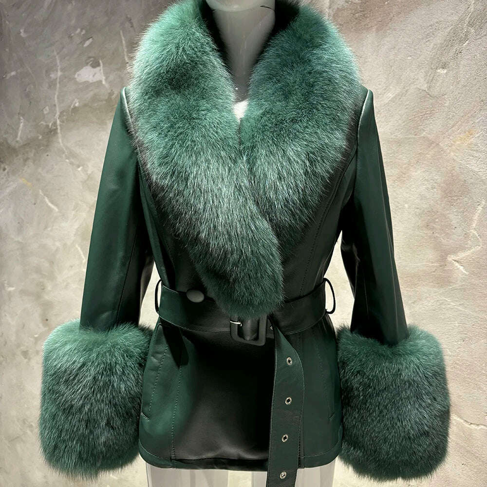 YOLOAgain Women's Real Fox Fur Collar Sheepskin Leather Jacket Coat Autumn 2024 - KIMLUD