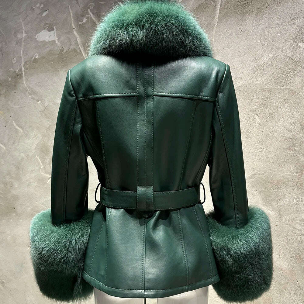 YOLOAgain Women's Real Fox Fur Collar Sheepskin Leather Jacket Coat Autumn 2024 - KIMLUD