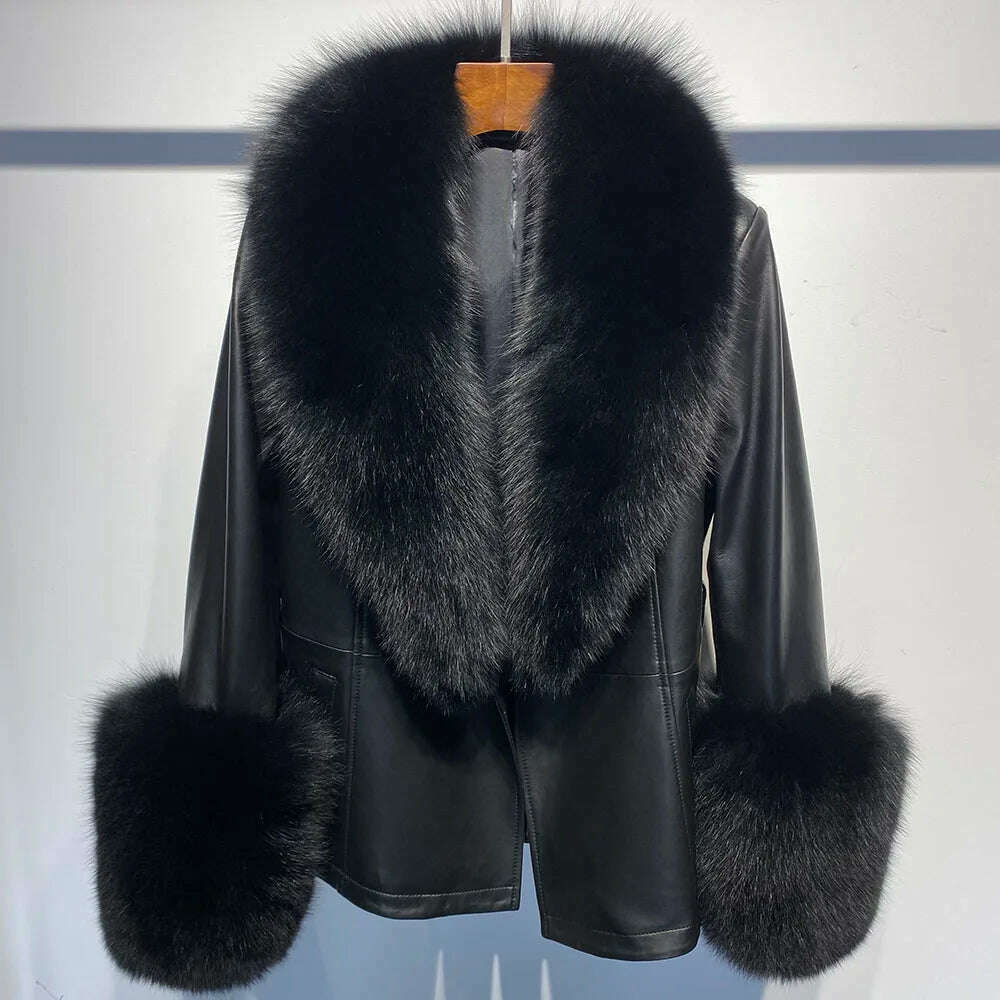 YOLOAgain Women's Real Fox Fur Collar Sheepskin Leather Jacket Coat Autumn 2024 - KIMLUD