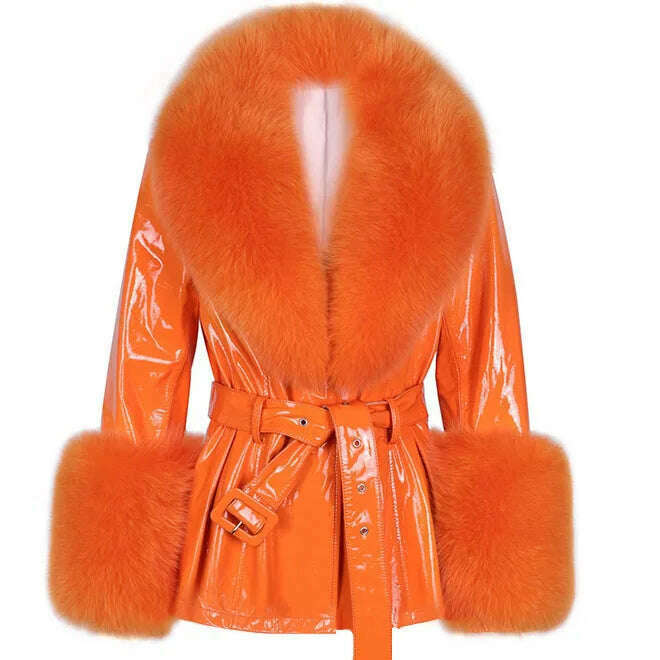 YOLOAgain Women's Real Fox Fur Collar Sheepskin Leather Jacket Coat Autumn 2024 - KIMLUD