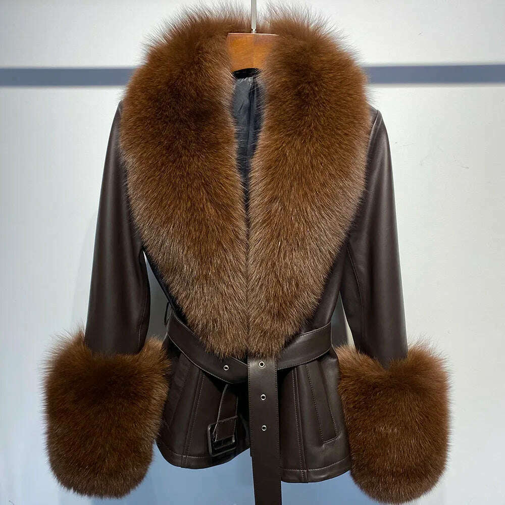 YOLOAgain Women's Real Fox Fur Collar Sheepskin Leather Jacket Coat Autumn 2024 - KIMLUD