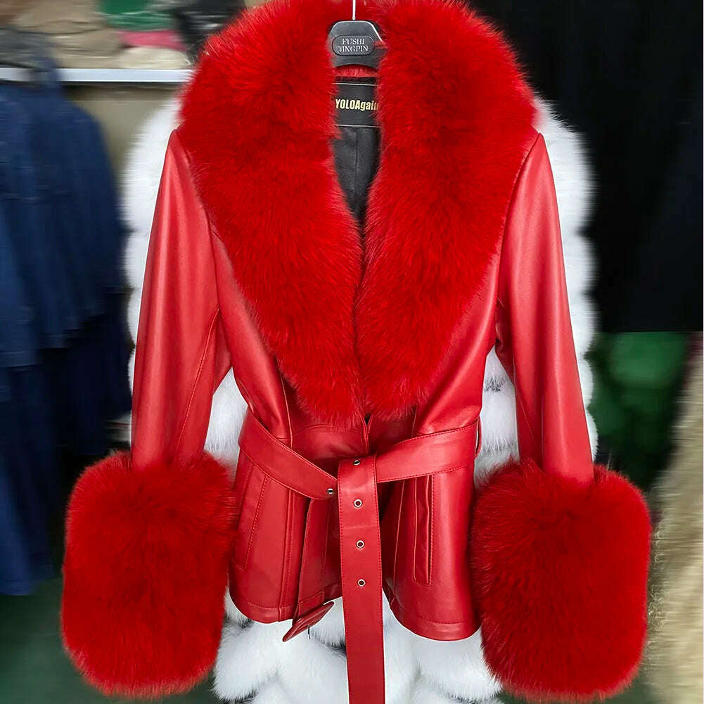 YOLOAgain Women's Real Fox Fur Collar Sheepskin Leather Jacket Coat Autumn 2024 - KIMLUD