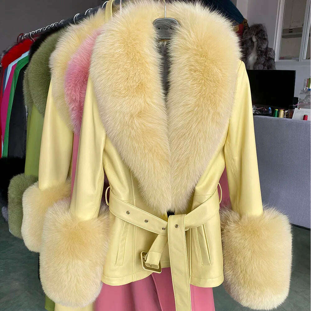 YOLOAgain Women's Real Fox Fur Collar Sheepskin Leather Jacket Coat Autumn 2024 - KIMLUD