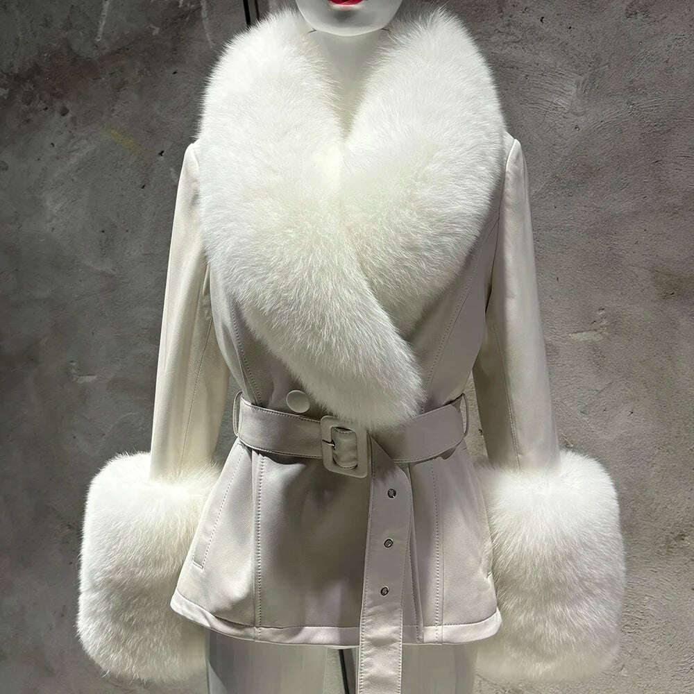 YOLOAgain Women's Real Fox Fur Collar Sheepskin Leather Jacket Coat Autumn 2024 - KIMLUD