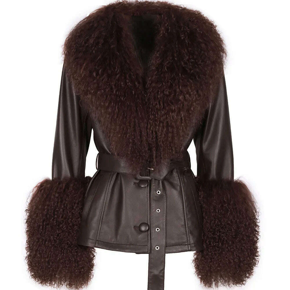 YOLOAgain Women's Real Fox Fur Collar Sheepskin Leather Jacket Coat Autumn 2024 - KIMLUD