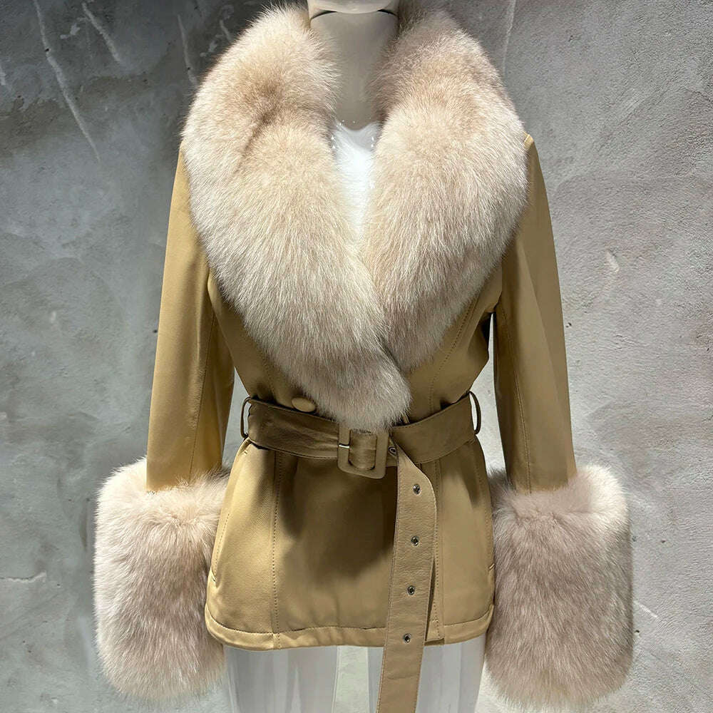 YOLOAgain Women's Real Fox Fur Collar Sheepskin Leather Jacket Coat Autumn 2024 - KIMLUD