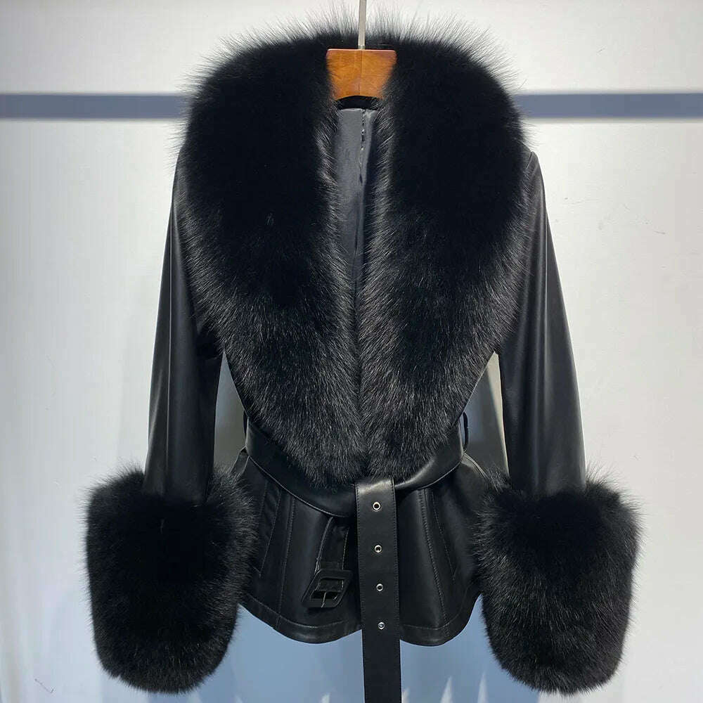 YOLOAgain Women's Real Fox Fur Collar Sheepskin Leather Jacket Coat Autumn 2024 - KIMLUD