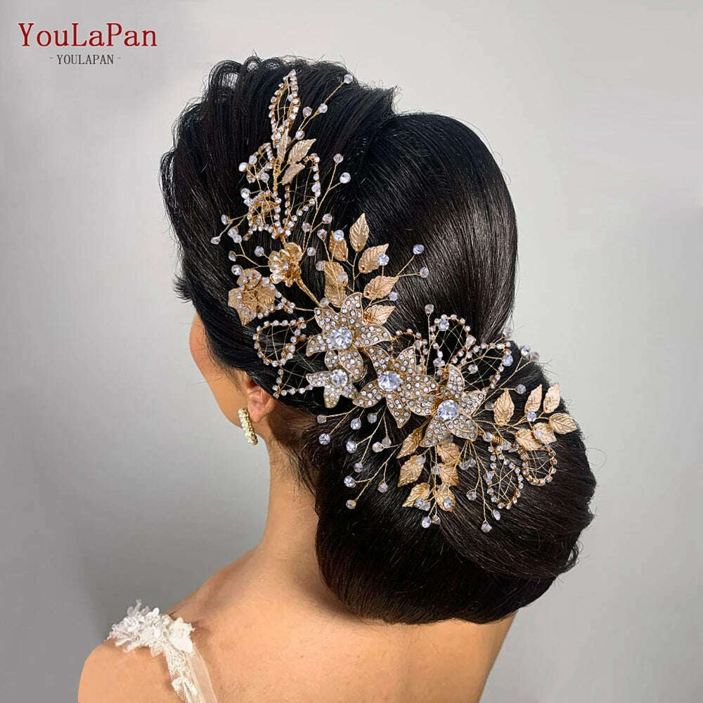 KIMLUD, YouLaPan HP282 Wedding Headband Alloy Flower Leaf Hair Tiara Rhinestone Headpiece Bridal Headwear Hair Accessories Head Jewelry, KIMLUD Womens Clothes