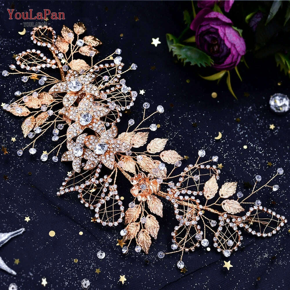 KIMLUD, YouLaPan HP282 Wedding Headband Alloy Flower Leaf Hair Tiara Rhinestone Headpiece Bridal Headwear Hair Accessories Head Jewelry, KIMLUD Womens Clothes