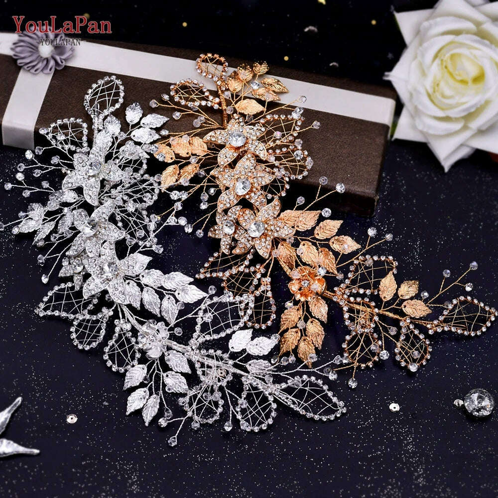 KIMLUD, YouLaPan HP282 Wedding Headband Alloy Flower Leaf Hair Tiara Rhinestone Headpiece Bridal Headwear Hair Accessories Head Jewelry, KIMLUD Womens Clothes