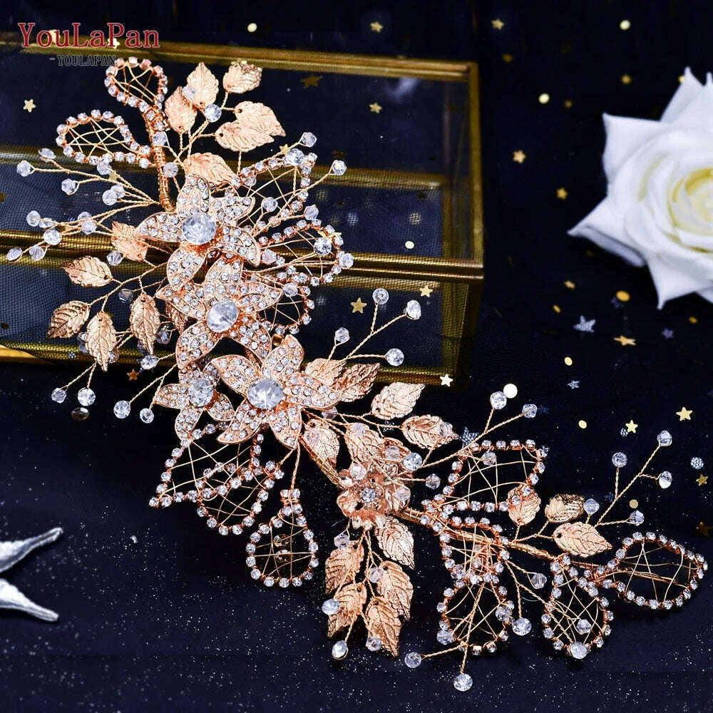 KIMLUD, YouLaPan HP282 Wedding Headband Alloy Flower Leaf Hair Tiara Rhinestone Headpiece Bridal Headwear Hair Accessories Head Jewelry, HP282-Golden, KIMLUD APPAREL - Womens Clothes