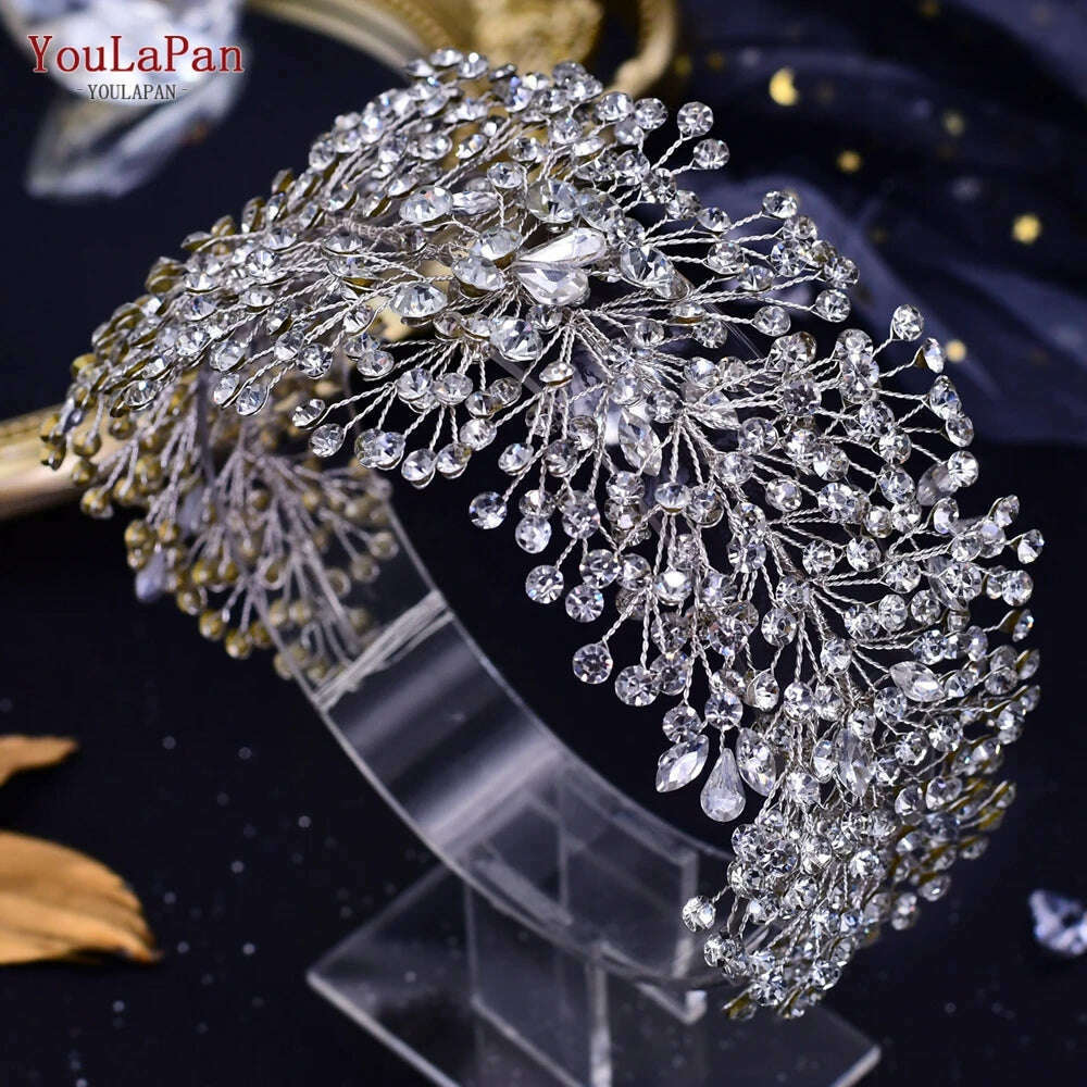 KIMLUD, YouLaPan HP282 Wedding Headband Alloy Flower Leaf Hair Tiara Rhinestone Headpiece Bridal Headwear Hair Accessories Head Jewelry, HP415-Silver, KIMLUD APPAREL - Womens Clothes