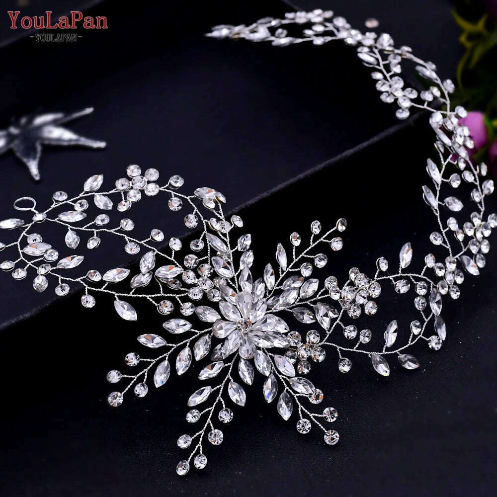 KIMLUD, YouLaPan HP282 Wedding Headband Alloy Flower Leaf Hair Tiara Rhinestone Headpiece Bridal Headwear Hair Accessories Head Jewelry, HP242-Silver, KIMLUD APPAREL - Womens Clothes