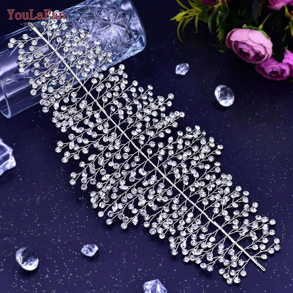 KIMLUD, YouLaPan HP282 Wedding Headband Alloy Flower Leaf Hair Tiara Rhinestone Headpiece Bridal Headwear Hair Accessories Head Jewelry, HP258-Silver, KIMLUD APPAREL - Womens Clothes