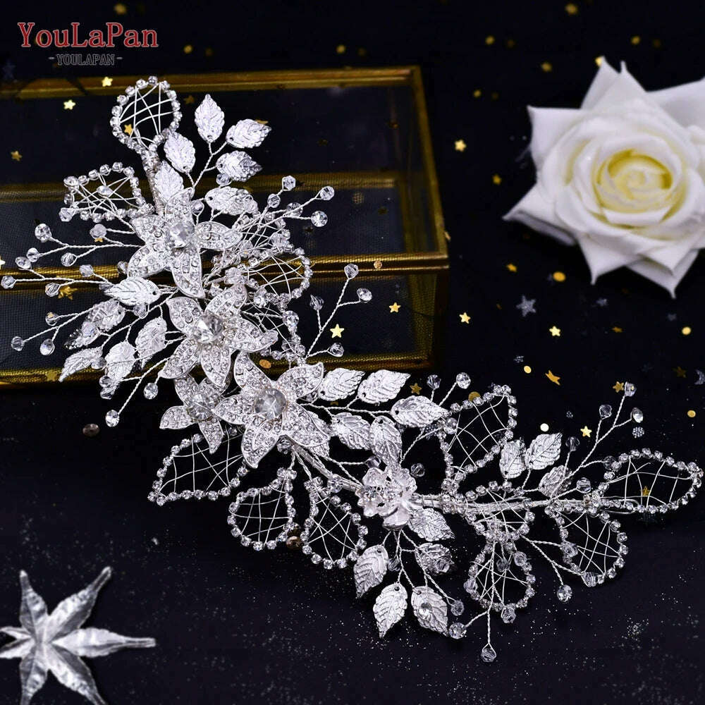 KIMLUD, YouLaPan HP282 Wedding Headband Alloy Flower Leaf Hair Tiara Rhinestone Headpiece Bridal Headwear Hair Accessories Head Jewelry, HP282-Silver, KIMLUD APPAREL - Womens Clothes