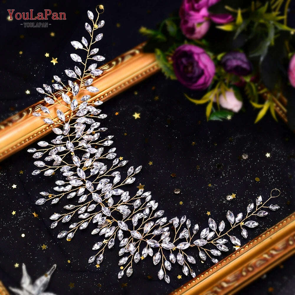 KIMLUD, YouLaPan HP282 Wedding Headband Alloy Flower Leaf Hair Tiara Rhinestone Headpiece Bridal Headwear Hair Accessories Head Jewelry, HP237-Golden, KIMLUD APPAREL - Womens Clothes