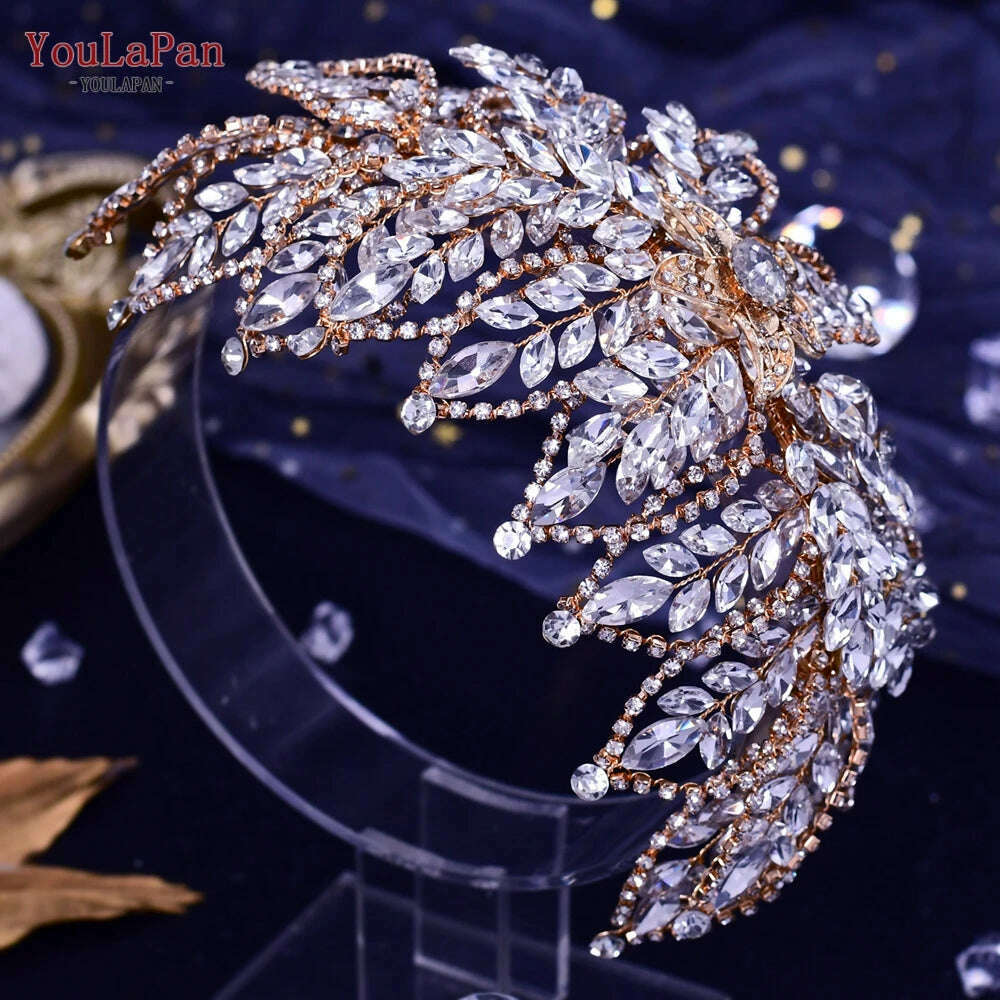 KIMLUD, YouLaPan HP282 Wedding Headband Alloy Flower Leaf Hair Tiara Rhinestone Headpiece Bridal Headwear Hair Accessories Head Jewelry, HP413-Golden, KIMLUD APPAREL - Womens Clothes