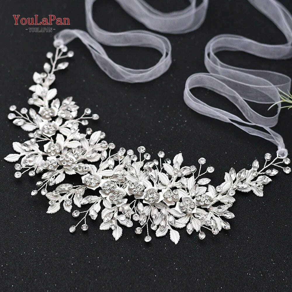 KIMLUD, YouLaPan HP282 Wedding Headband Alloy Flower Leaf Hair Tiara Rhinestone Headpiece Bridal Headwear Hair Accessories Head Jewelry, HP349-White Organza, KIMLUD APPAREL - Womens Clothes