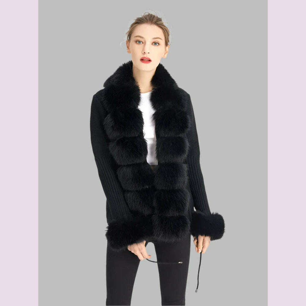 KIMLUD, ZADORIN Luxury Fur Cardigan Knit Winter Sweater Women Elegant Detachable Fur Belt White Pink Black Womens Cardigan Korea Style, KIMLUD Womens Clothes