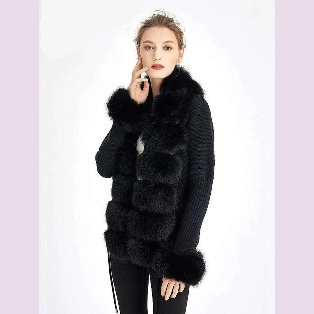 KIMLUD, ZADORIN Luxury Fur Cardigan Knit Winter Sweater Women Elegant Detachable Fur Belt White Pink Black Womens Cardigan Korea Style, KIMLUD Womens Clothes