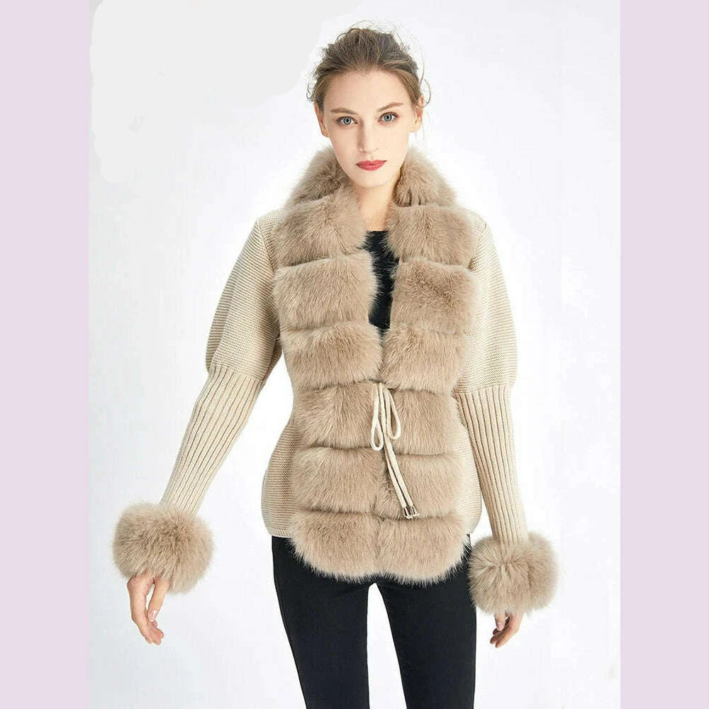 KIMLUD, ZADORIN Luxury Fur Cardigan Knit Winter Sweater Women Elegant Detachable Fur Belt White Pink Black Womens Cardigan Korea Style, KIMLUD Womens Clothes