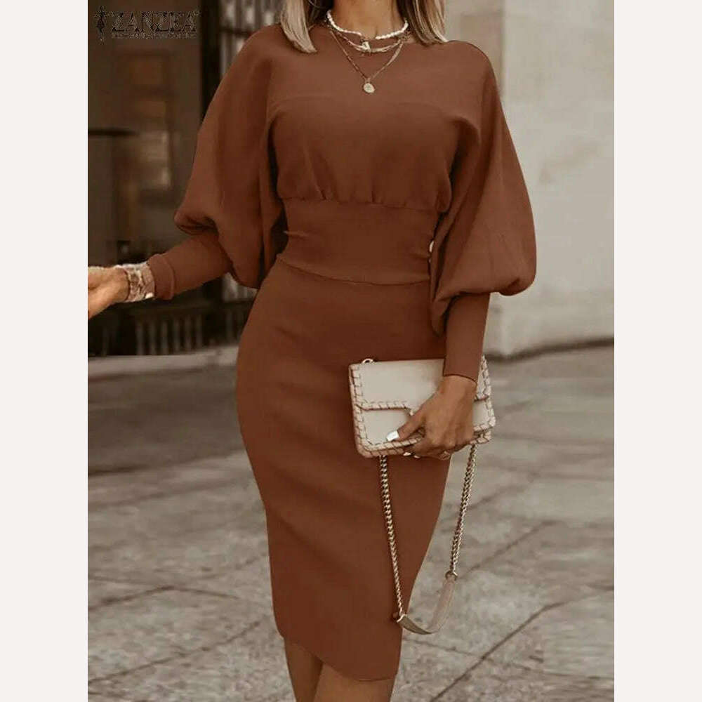 KIMLUD, ZANZEA Autumn Fashion Bodycorn Dress Elegant Solid Vestidos Ladies Lantern Sleeve Pencil Sundress Women Work OL Kaftan Dresses, Coffee / S, KIMLUD APPAREL - Womens Clothes