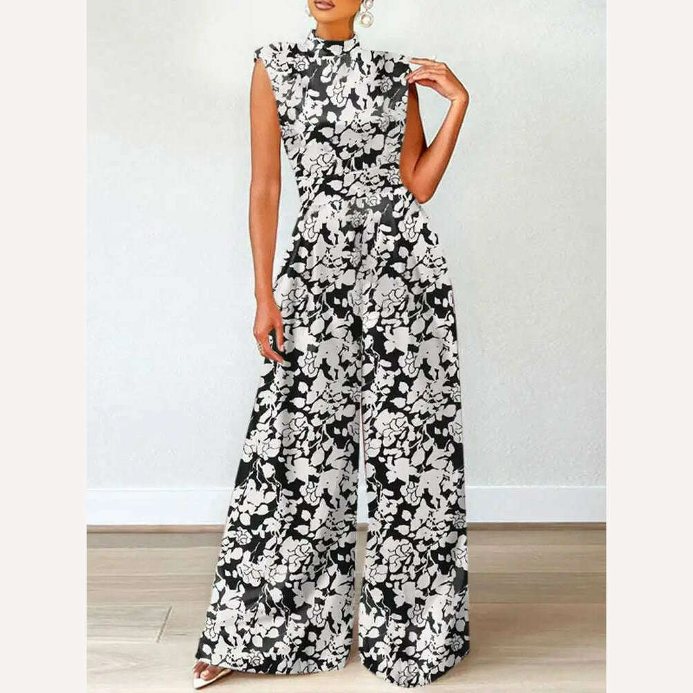 KIMLUD, ZANZEA Elegant Cinched Waist Wide Leg Pants Fashion Women Summer Floral Print Long Rompers Sleeveless Party Turtleneck Jumpsuits, KIMLUD Womens Clothes