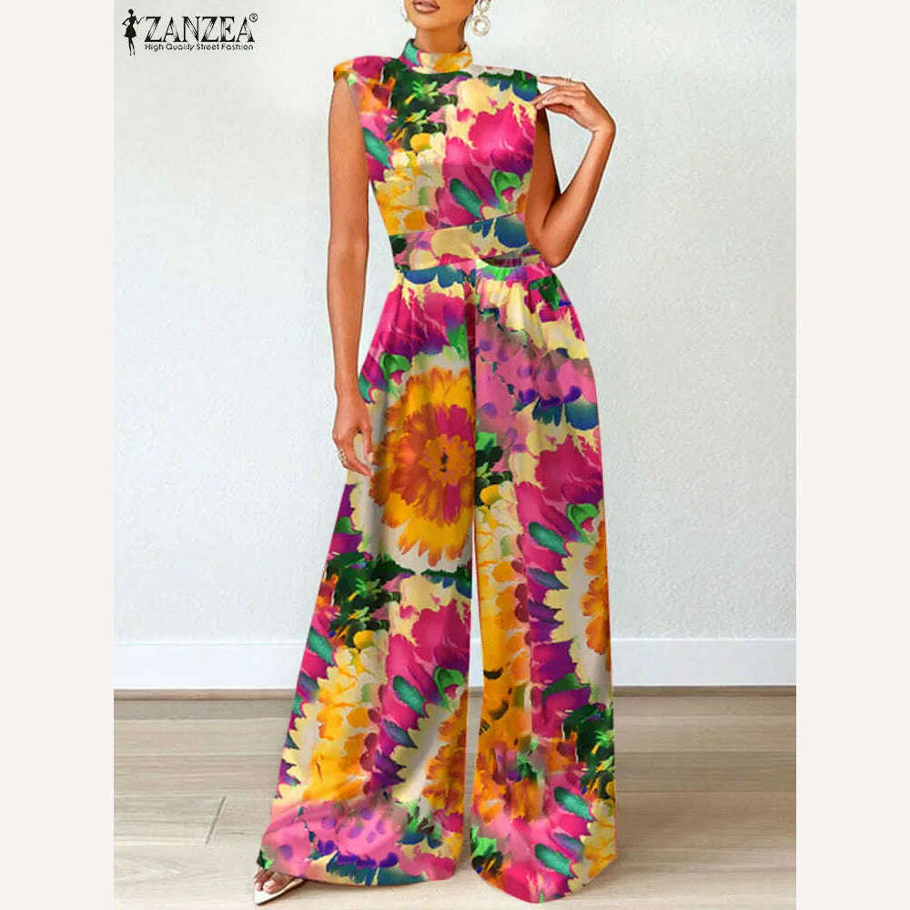 KIMLUD, ZANZEA Elegant Cinched Waist Wide Leg Pants Fashion Women Summer Floral Print Long Rompers Sleeveless Party Turtleneck Jumpsuits, KIMLUD Womens Clothes