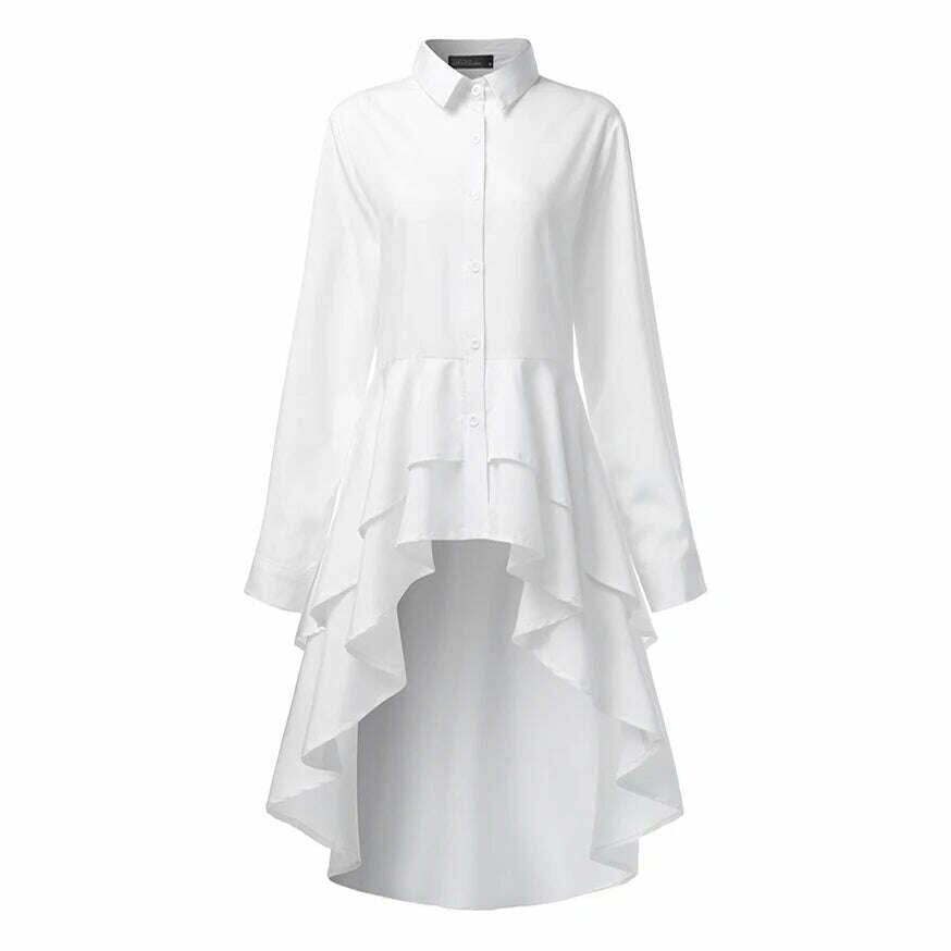 ZANZEA Fashion Women Ruffles Hem Blouse Elegant Lapel Neck Swallowtail Shirts Solid Long Sleeve High Waist Tops Irregular Blusas - KIMLUD