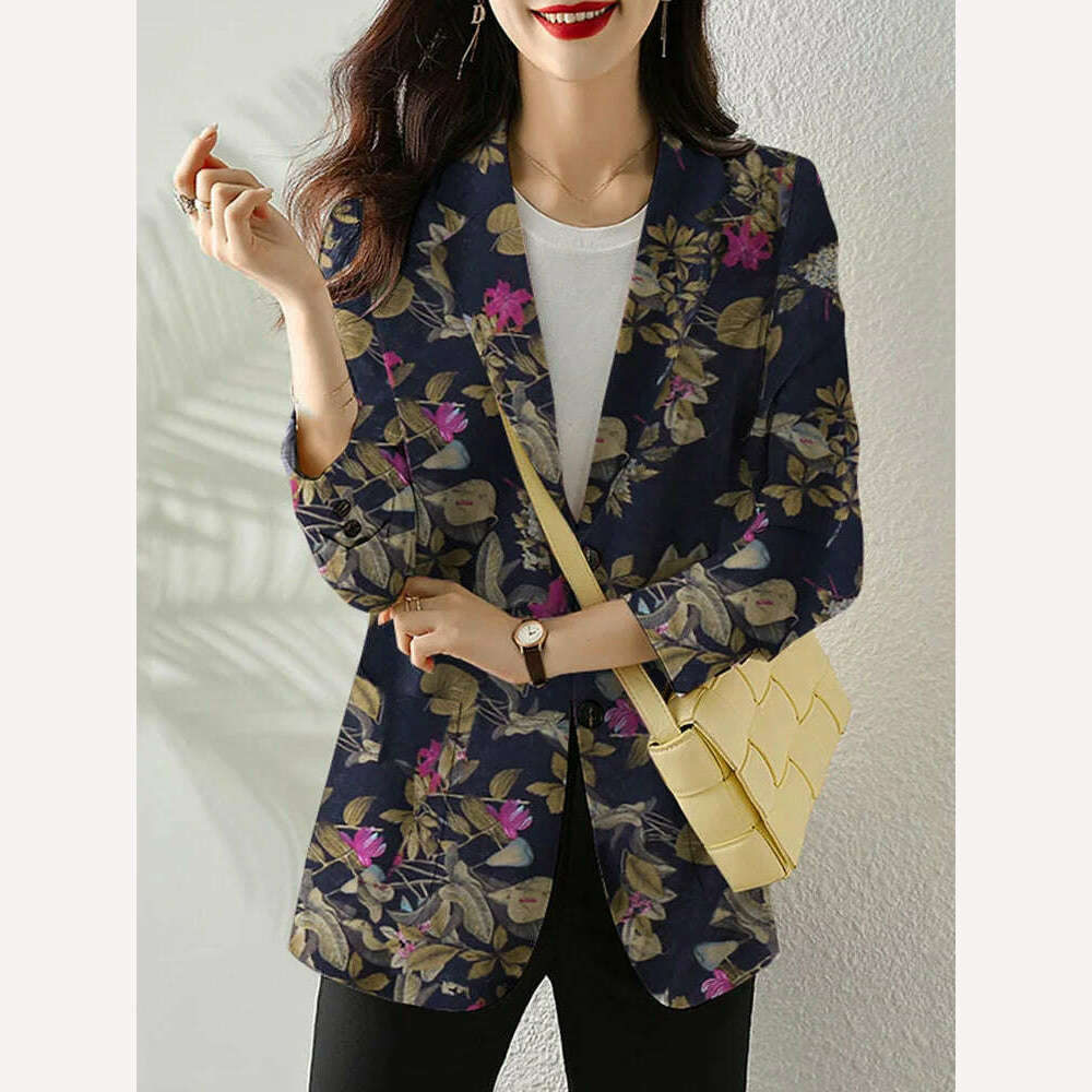 KIMLUD, ZANZEA Women Fashion Long Sleeve Blazer Bohemian Floral Printed JacketsSpring Lapel Suit Female Casual Elegant Shirts Work Coat, B-Dark Blue / S, KIMLUD APPAREL - Womens Clothes