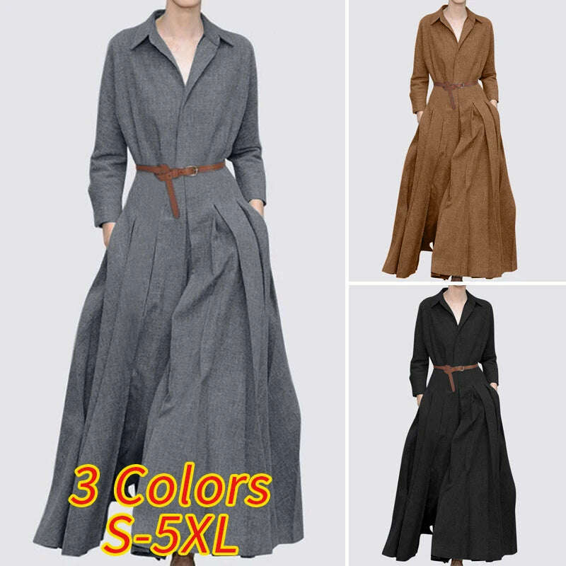 ZANZEA Women Office OL Maxi Dresses Vestido 2024 Spring Lapel Long Sleeve Dress Fashion Casual Solid A-line Sundress Oversized - KIMLUD