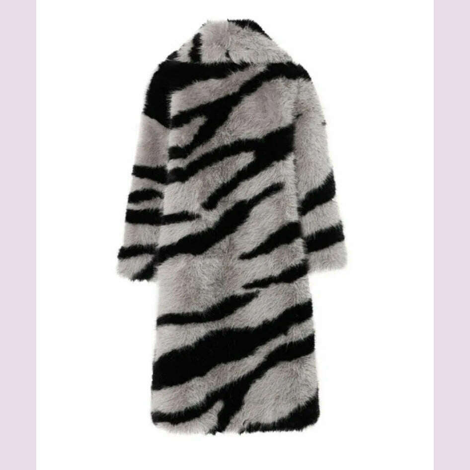 Zebra New Faux Fox Fur Coat Women Long 2024 Winter Imitation Wool Fur Jacket Thickened Warm Plush Overcoat Furry Fuzzy Outerwear - KIMLUD