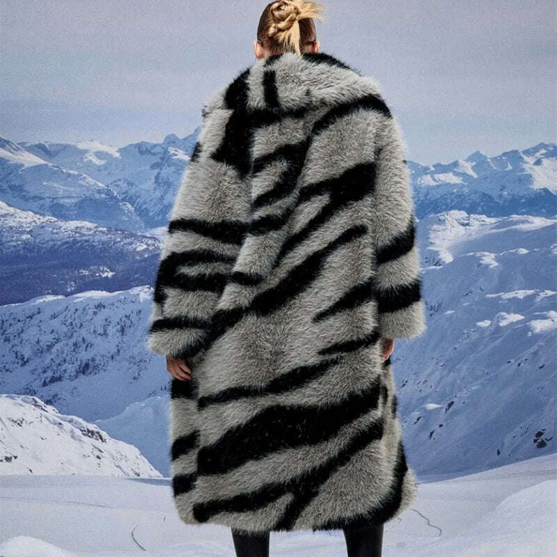 Zebra New Faux Fox Fur Coat Women Long 2024 Winter Imitation Wool Fur Jacket Thickened Warm Plush Overcoat Furry Fuzzy Outerwear - KIMLUD