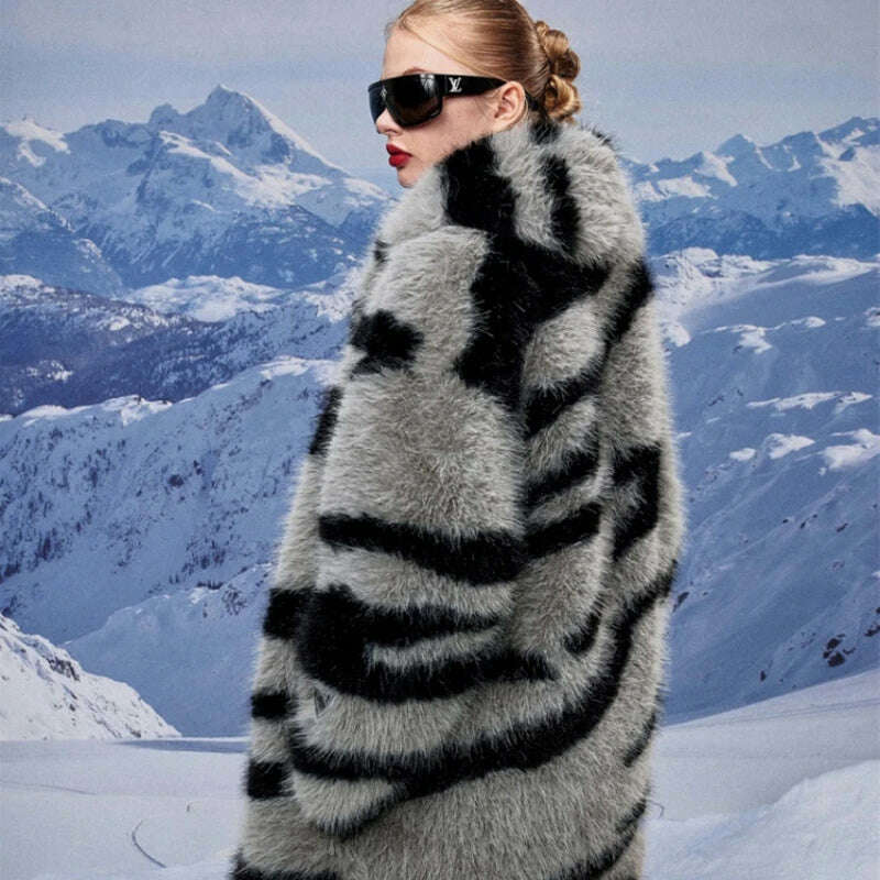 KIMLUD, Zebra New Faux Fox Fur Coat Women Long 2024 Winter Imitation Wool Fur Jacket Thickened Warm Plush Overcoat Furry Fuzzy Outerwear, KIMLUD Womens Clothes