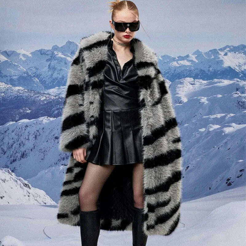 Zebra New Faux Fox Fur Coat Women Long 2024 Winter Imitation Wool Fur Jacket Thickened Warm Plush Overcoat Furry Fuzzy Outerwear - KIMLUD