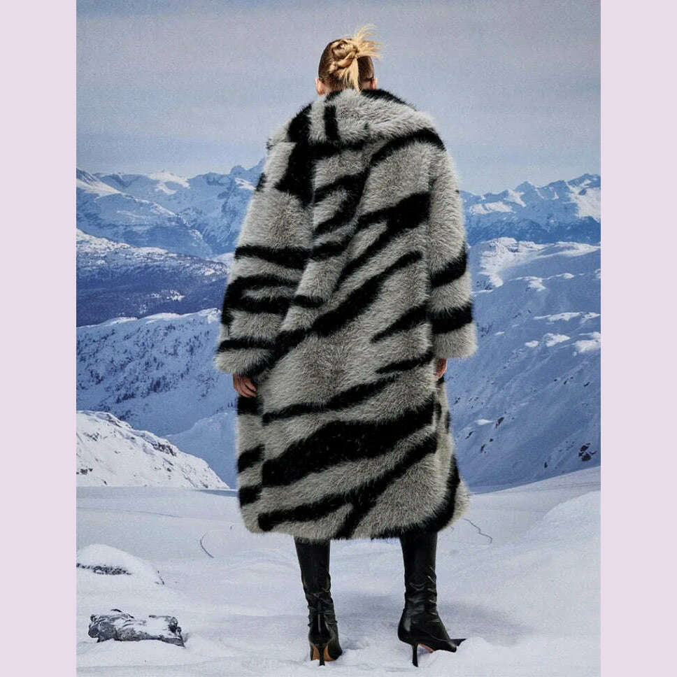 Zebra New Faux Fox Fur Coat Women Long 2024 Winter Imitation Wool Fur Jacket Thickened Warm Plush Overcoat Furry Fuzzy Outerwear - KIMLUD