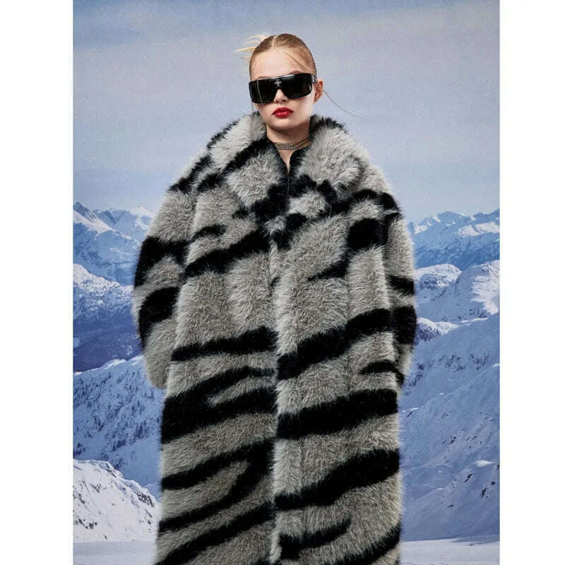 Zebra New Faux Fox Fur Coat Women Long 2024 Winter Imitation Wool Fur Jacket Thickened Warm Plush Overcoat Furry Fuzzy Outerwear - KIMLUD